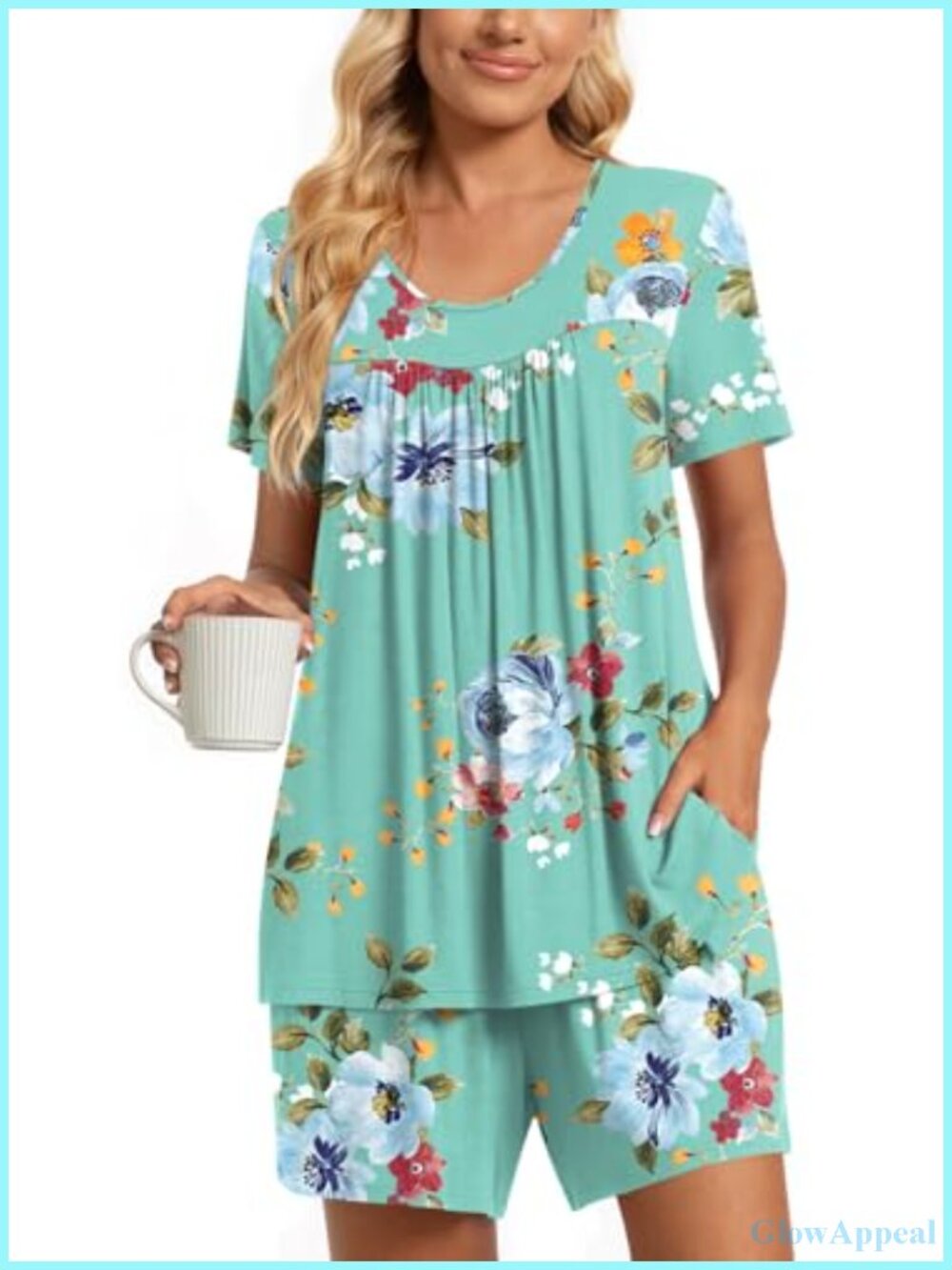 2 Piece Short Sleeve Pajama Set Lounge Sleepwear with Pockets